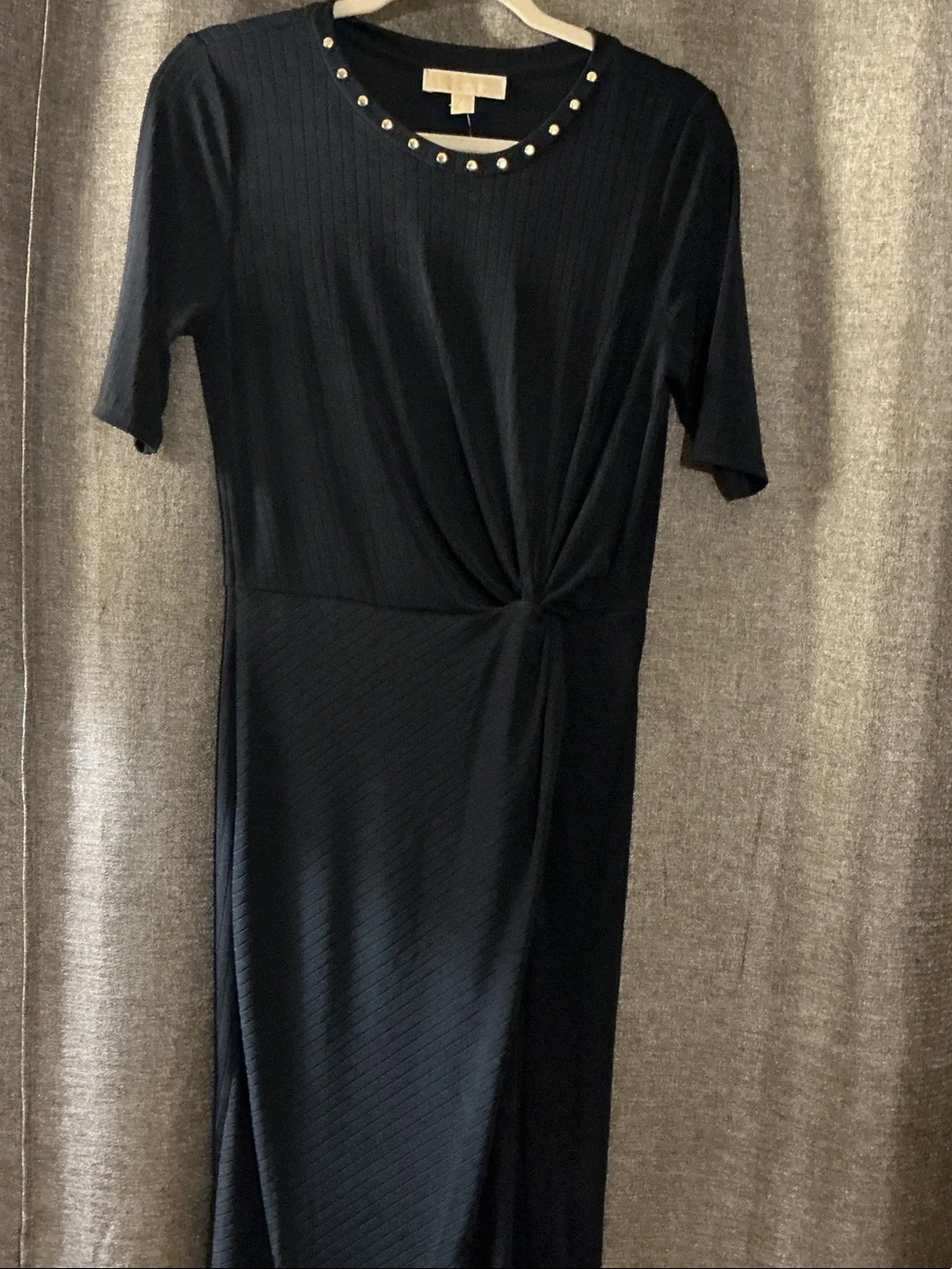 Michael Kors Black Ribbed Midi Dress with Knotted Waist and Studded Neck